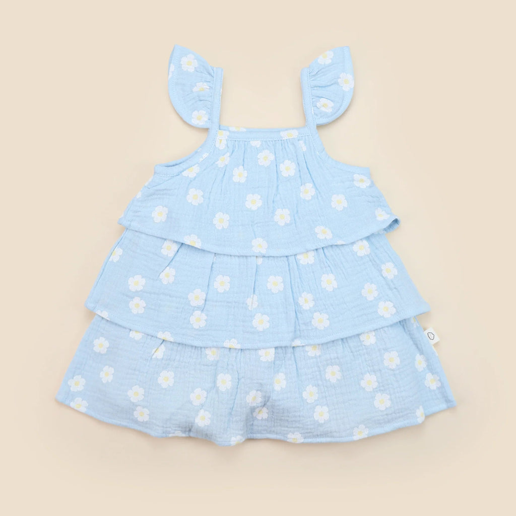 Lummi in Colour Organic Cotton Muslin Tiered Dress - Daisy Blue