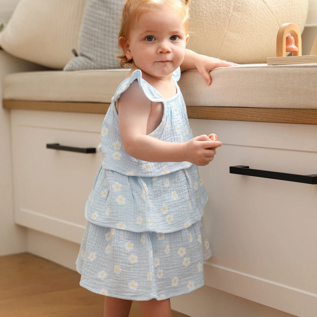 Lummi in Colour Organic Cotton Muslin Tiered Dress - Daisy Blue