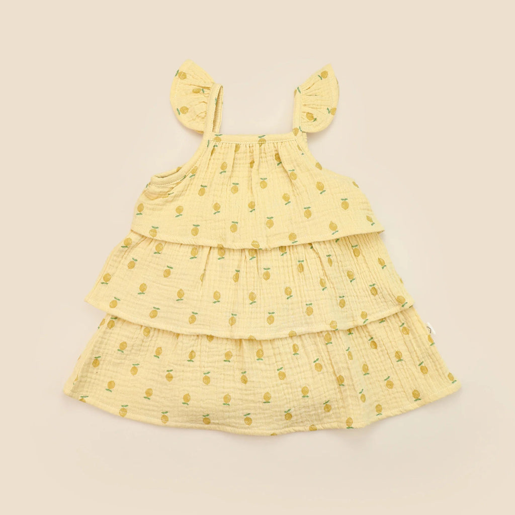 Lummi in Colour Organic Cotton Muslin Tiered Dress - Lemons