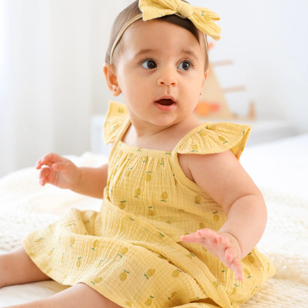 Lummi in Colour Organic Cotton Muslin Tiered Dress - Lemons